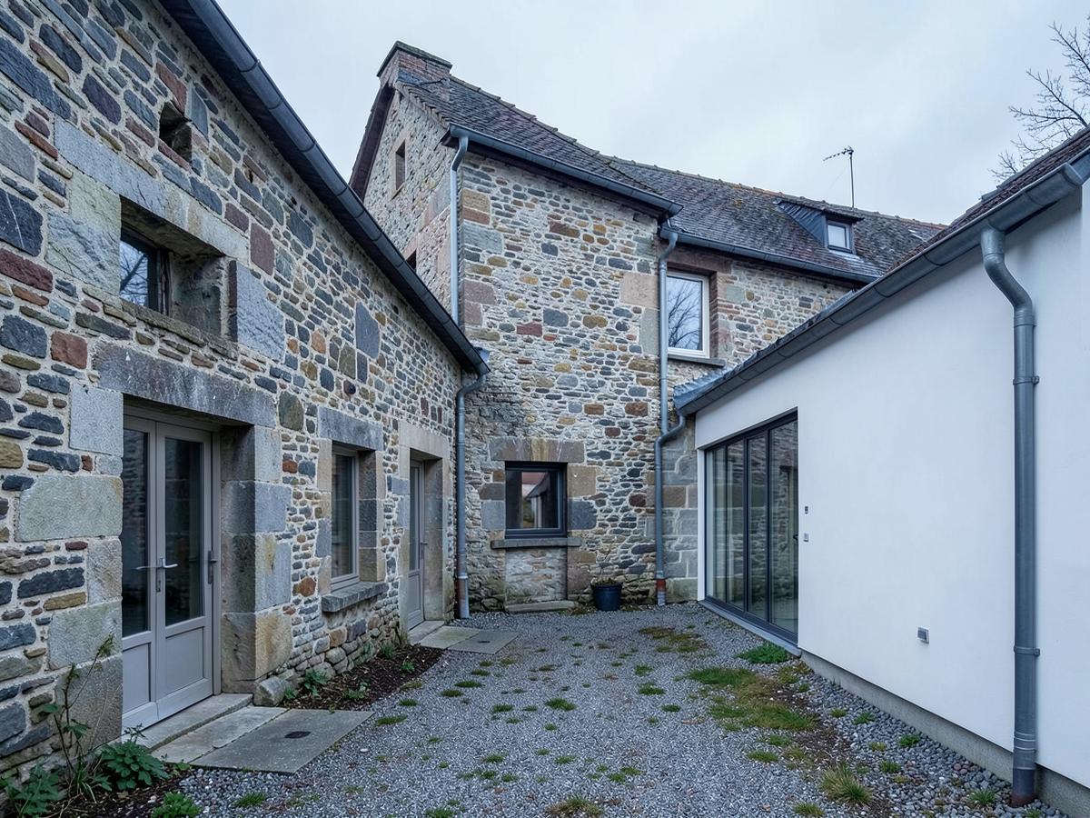 Sanierter Bestandsbau aus Naturstein mit neuem, weiß verputztem Anbau